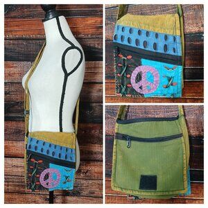 Boho Hippie Crossbody Shoulder Bag Purse Peace Sign Adjustable Strap Cotton